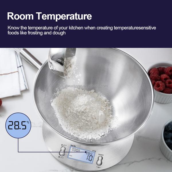 Stainless Steel Digital Kitchen Scale High Accuracy 5kg/1g with Removable Knead Dough Bowl and Room Timer Battery Powered