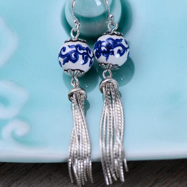 Fashion Ceramic Bead Sterling Silver Tassels Earrings(054268)