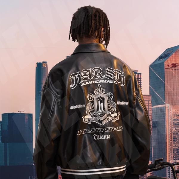 Windproof Streetwear Varsity Jacket Striped Embroidered Loose Leather Plus Size