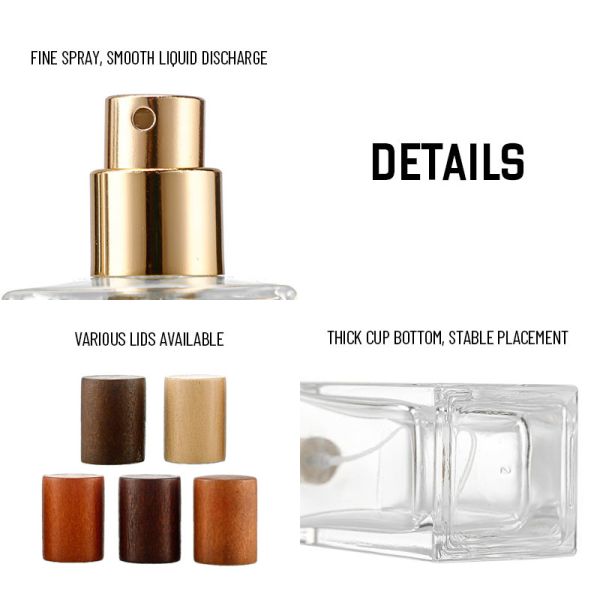 Square Glass Perfume Bottles – B2B Low MOQ with Wooden Cap | Bulk Perfume Containers (30/50/100ml)