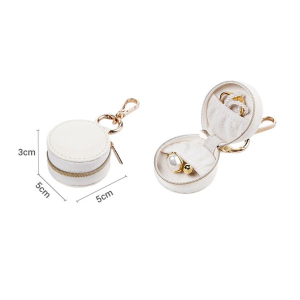 White PU Leather Round Mini Jewelry Box Travel-Friendly Organizer for Rings and Earrings