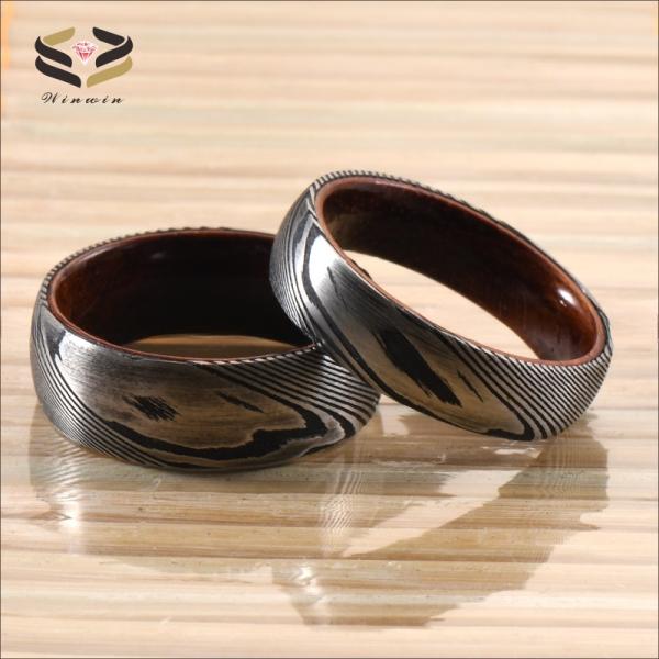 6mm 8mm Etched Damascus Steel Wedding Rings With Rose Wood Sleeve Inlay For Christmas Gift Jewelry Type Rings Materials