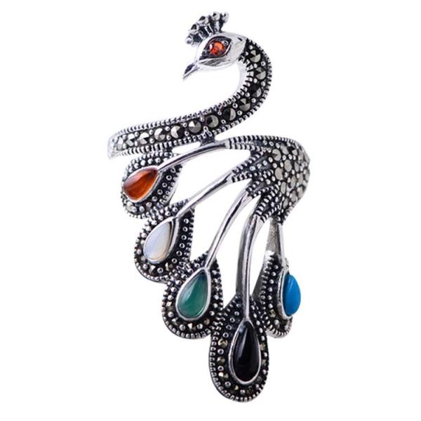Vintage Open Adjustable Thai 925 Silver Multicoloured Gemstone Marcasite Ring(059070)