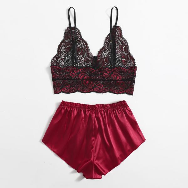 Mature Thin Sleepwear Silk Fabric Lace Bra Underwear Set Sexy Lingerie For Hot Girl