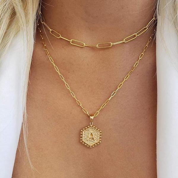 Dainty 18K Gold Hexagon Initial Necklace Cute Layering Necklaces for Women Solid Gold Layered Jewelry Gifts