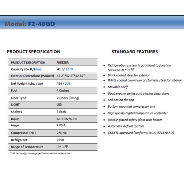 Single Temperature 2 Glass Door Freezer Merchandiser 110V 60HZ 7A