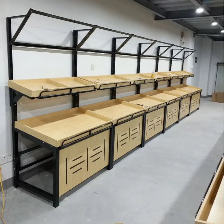 Wooden Fruit And Vegetables Shelves Display Rack For Supermarket