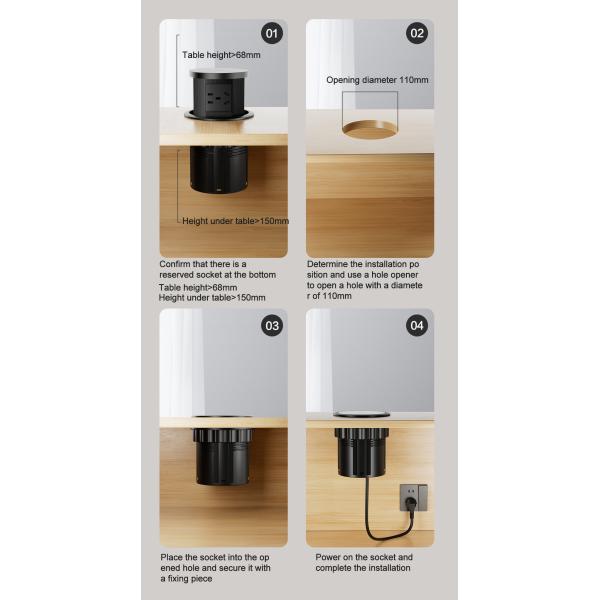 USB A+C Fast Charging Wireless Charger 3 Power Outlets Pop-Up Desktop Kitchen Socket UK Plug Standards Tabletop