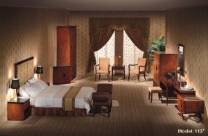 China Gelaimei Hotel Guest Room Furniture Hardwood Frame Bed Wood Veneer Finish on sale