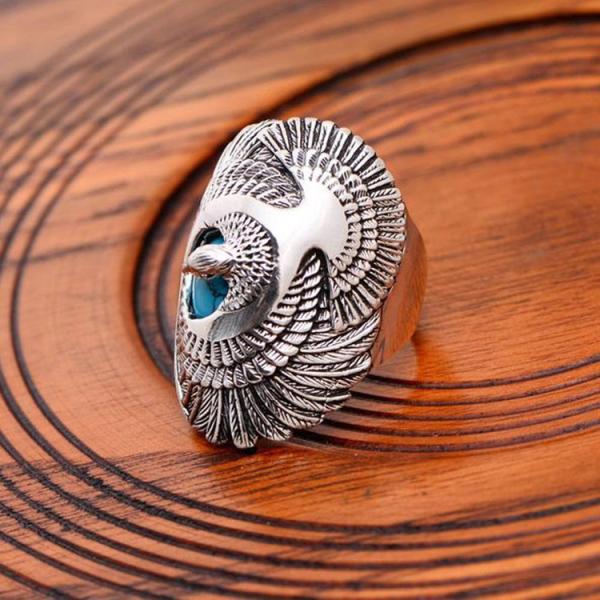 Thai Silver Eagle Vintage Style Men's Ring with Turquoise (R6030809)