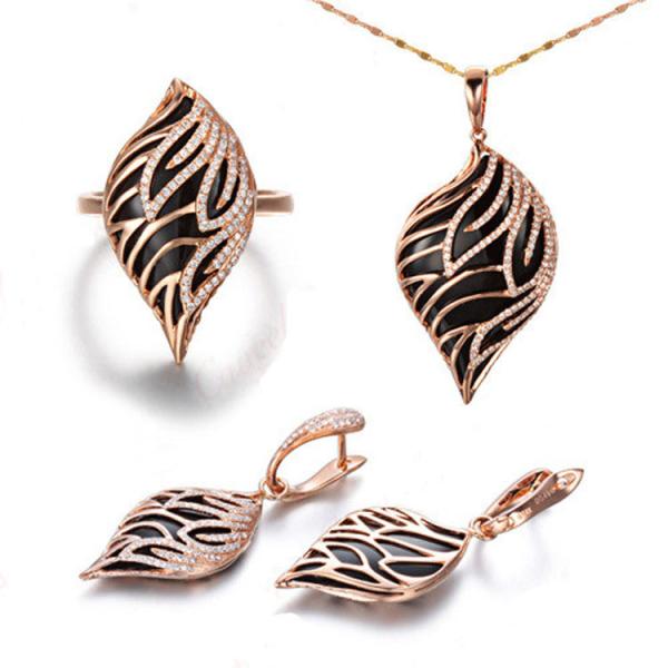 18K Rose Gold Black Onyx Diamonds Ring Pendant Earrings Jewelry Set (GDSET002)