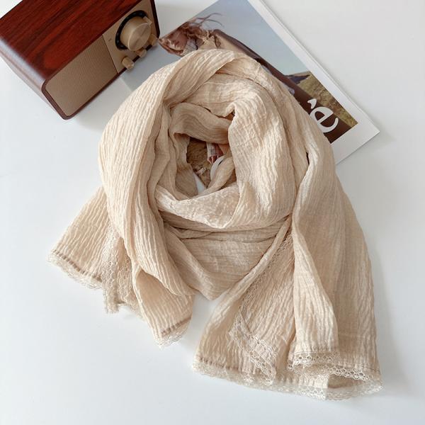 Y-Z Luxury Shawl Scarf Women Korean Lace Embroidery Plain Color Cotton and Linen Scarf Sunscreen Scarves