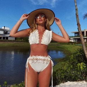 Quality Halter Swimming Suits Bikini with Removable Padding for Women white color lace wholesale