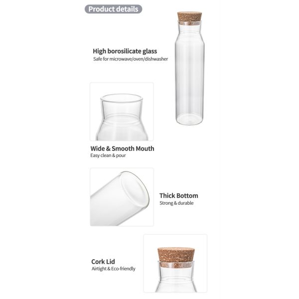 IKOO Carafe with Cork Stopper – Elegant Ultra Clear Glass Carafe For Wine, Water, Juice, Milk, Coffee, Iced Tea – Wide Mouth Carafe For Restaurants &