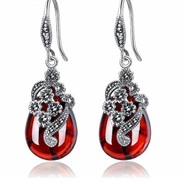 Retro Jewelry Thai 925 Silver with Marcasite Garnet Earrings(LR1036RED)