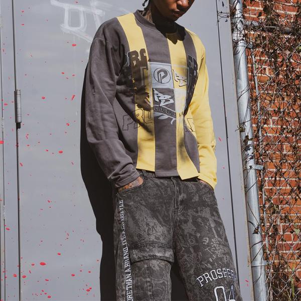 Wholesale Streetwear Patchwork Long Sleeve Shirt Color Block Screen Print T Shit Sweatshirt Tee Cut and Sew Raw Hem Sweat Shirt