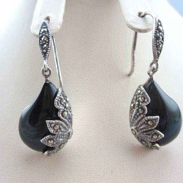 Sterling Silver Marcasite Earrings Black Onyx Retro Jewelry (JA1729BLACK)