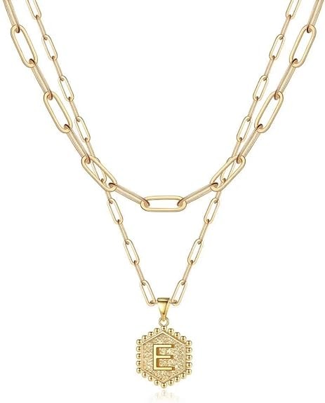 Dainty 18K Gold Hexagon Initial Necklace Cute Layering Necklaces for Women Solid Gold Layered Jewelry Gifts