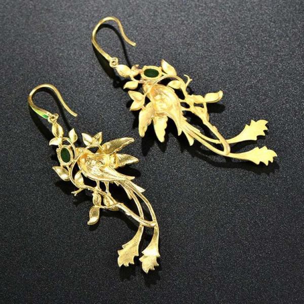 Gold Plated Stering Silver Drop Earrings with Enamel Phoenix Style Fashion Jewelry(E6050601GREEN)