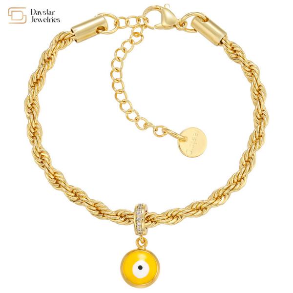 Twisted Gold Plated Stainless Steel Jewelry Enamel Evil Eye Pendant Bracelet