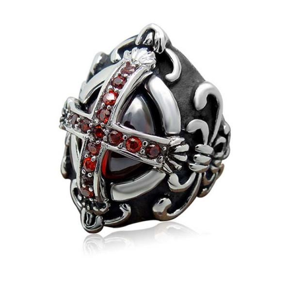 Men's Vintage Old Silver Plated Titanium Stainless Steel Ring Red Cubic Zircon Gothic Cross(SA240)