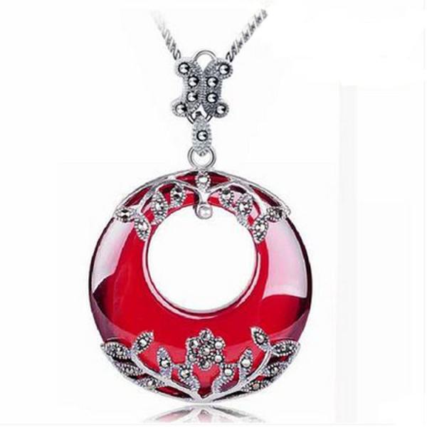 Thai Silver Garnet Pendant Necklace Marcasite Retro Jewelry(N11061RED)