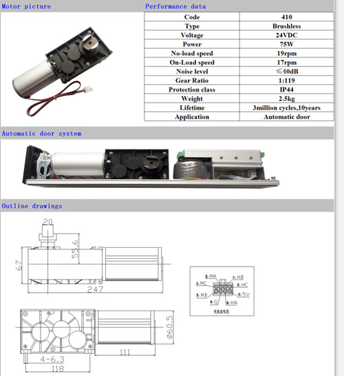 75W 24 VDC Low Noise Brushless Automatic Sliding Door Motor Long Lifetime