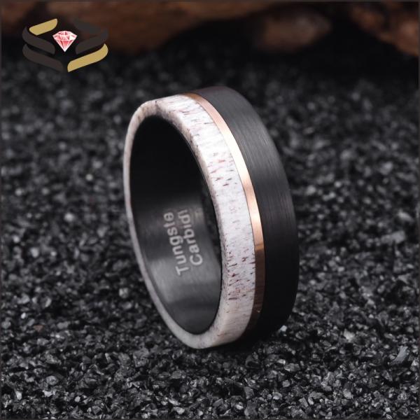 8mm Black Tungsten Ring with Deer Antler and Rose Gold Strip Inlay The Ultimate Wedding Essential