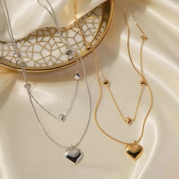 OEM Women Necklaces Titanium Steel Heart Double Layer Gold Necklace