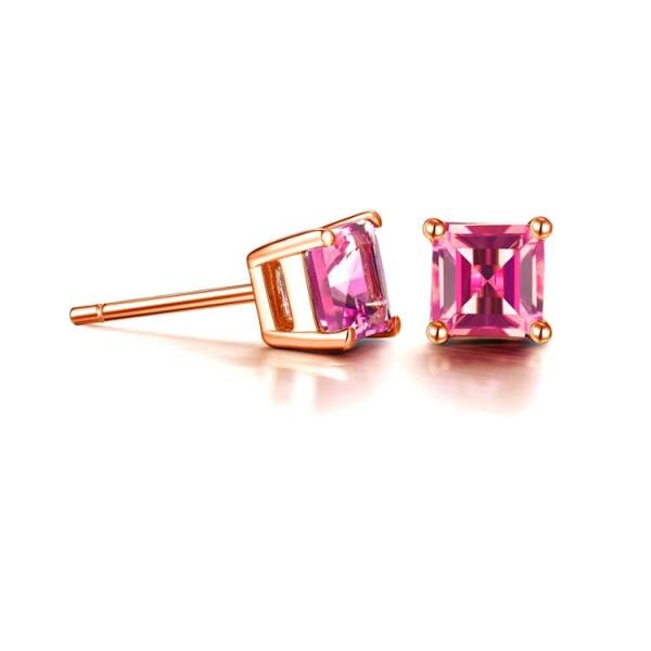 Rose Gold Princess Ruby Stud Earrings Women Fine Jewelry (KE003PINK)