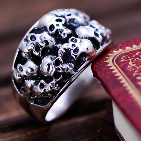Thai Vintage Sterling Silver Skeleton Skull Men's Band Ring (R6030808)
