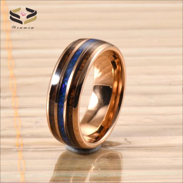 Rose Gold Plated Tungsten Carbide Ring with Koa Wood and Blue Opal Inlay Unisex 8mm Fashion Jewelry Wedding Bands Rings