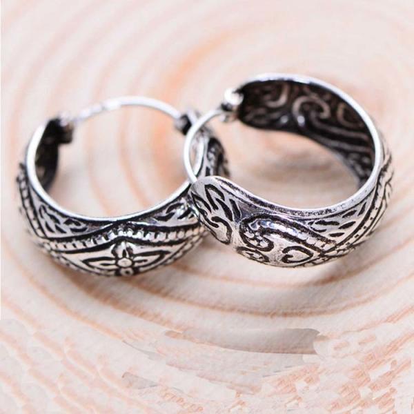 Sterling Silver Vintage Handmade Engraved Designs Hoop Earrings(057584W)