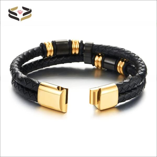 Geometric Leather Bracelet Wristband Double Row Black Braided with Stainless Steel Ornaments