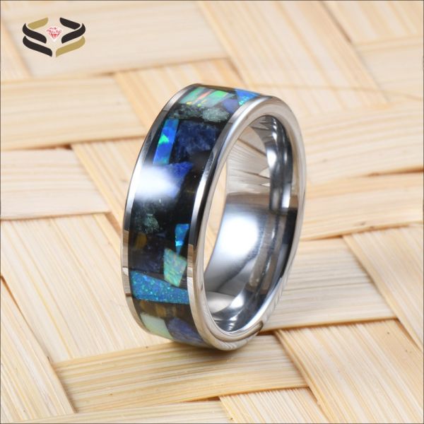 Jewelry Main Material Tungsten 8mm Mens Wedding Band with Gemstone Inlays Opal Lapis Lazuli Tiger's Eye Amethyst and More
