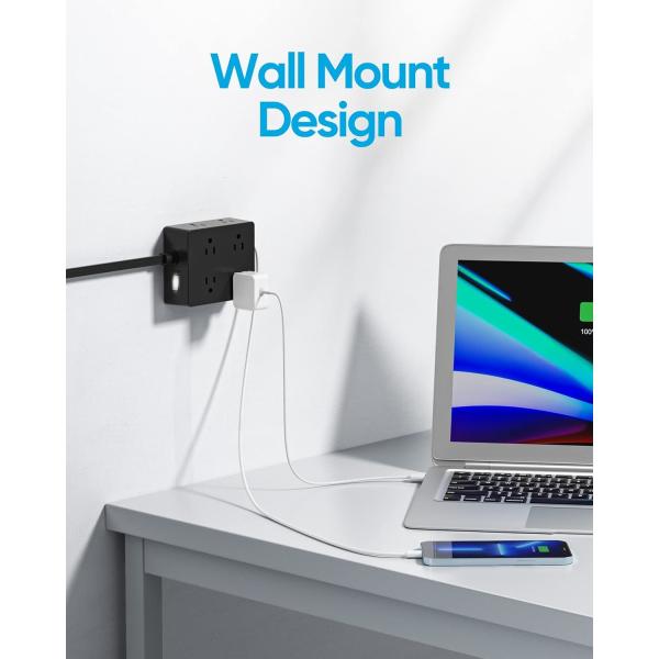 Surge Protector Power Strip Flat Plug Wall Mounted 8 Wide Outlets With 4 USB Ports 5FT