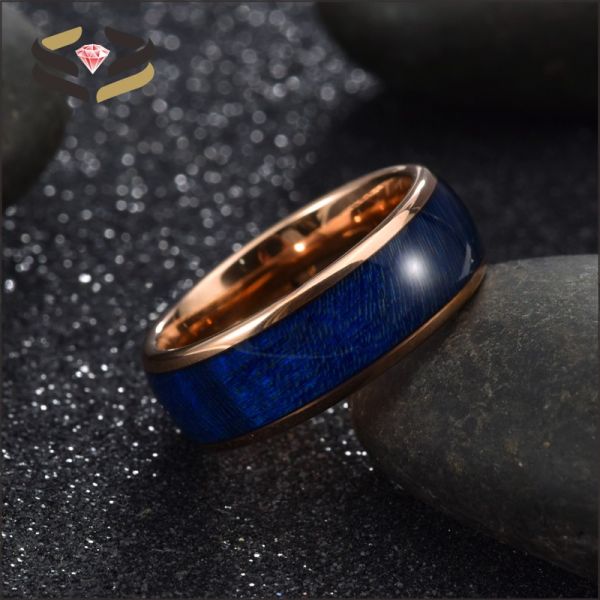 Channel Setting Technology 8mm Men's Blue Box Elder Wood Inlay Tungsten Carbide Ring with Rose Gold Plated Comfort Fit