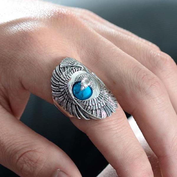 Thai Silver Eagle Vintage Style Men's Ring with Turquoise (R6030809)