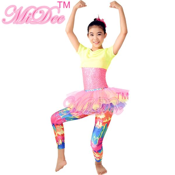 Amiable Dance Competition Costumes Yellow Pink T shirt Skirt Tiers Slender Leotard
