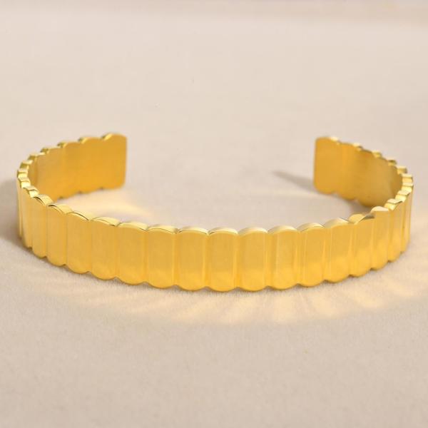 Wide Open Stainless Steel Cuff Bracelet Adjustable Vertical Stripe Style For Men Women