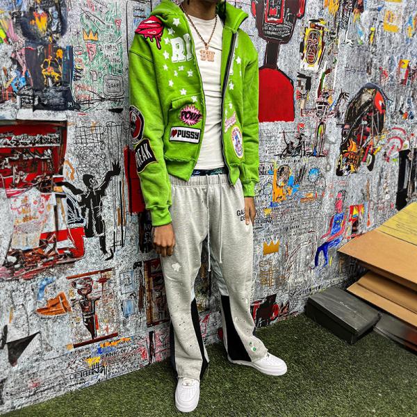 Autumn Streetwear Mens Hoodies Embroidery Patch Zip Up Hoodie Jacket