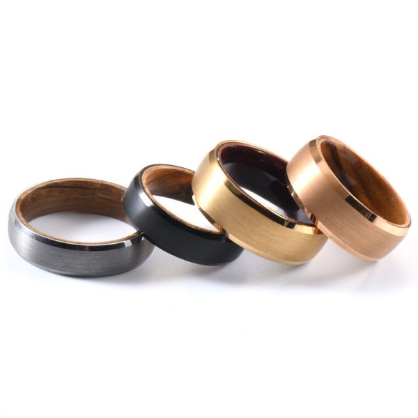 Geometric 8mm Mens Wooden Wedding Ring with Olive Wood Insert Rose Gold Tungsten Carbide Beveled Edges Comfort Fit