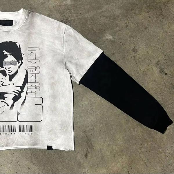 Cotton Ripped Screen Printing Long Sleeve Distressed Shirt Sun Faded Breathable