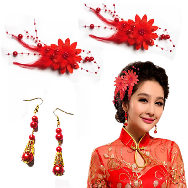 Bridal Jewelry Set red feather headdress first flowers retro Earrings
