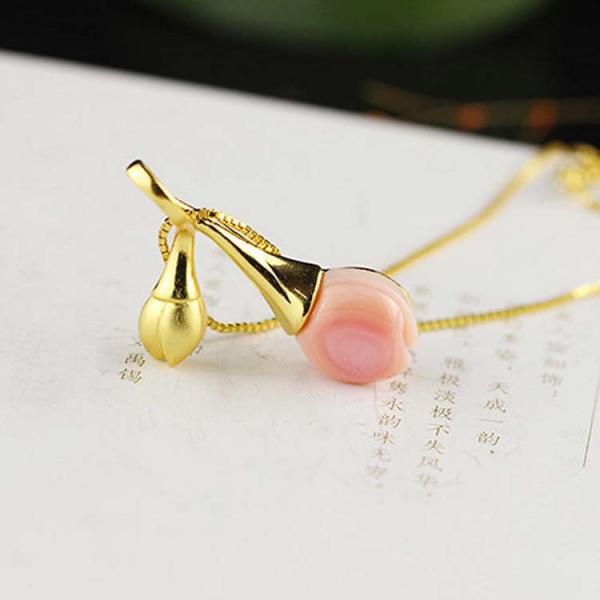 18K Yellow Gold Plated 925 Silver Pink Shell Carved Tulip Pendant Charm Necklace(EZ760003)