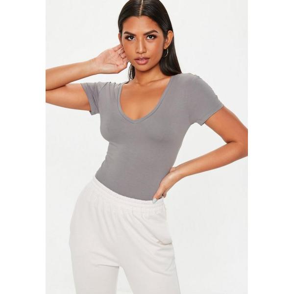 Grey V Neck Fitted T Shirt Clothing Women