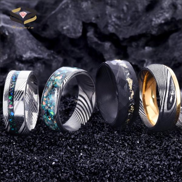8mm Damascus Steel Men'S Wedding Band With Colorful Opal And Shell Inlay