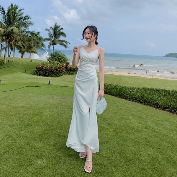 White Split Suspender Long Womens Vacation Dresses Sexy Halter Low Cut V Neck