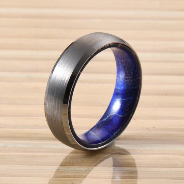 Gender Unisex Stylish Jewelry Gift Classic 6mm Beveled Tungsten Ring Black or Silver Plated with Blue Purple Wood Inside
