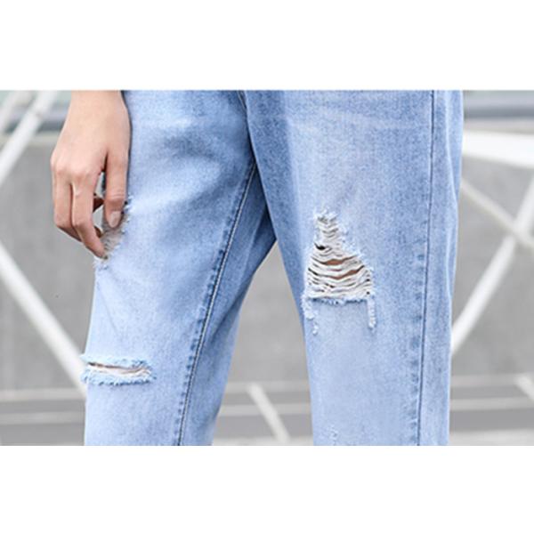 Straight Leg Light Wash Cotton Stretch Ladies Denim Jeans With Rips